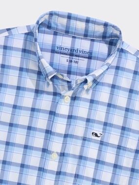 Vineyard Vines On-The-Go Navy and White Plaid Button-Down Shirt Boy's S (8-10)